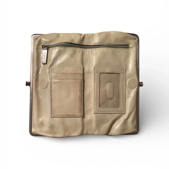 HOBO Leather Frame Clutch Wallet Beige Taupe Kisslock Organizer Vintage Style - Picture 2 of 5